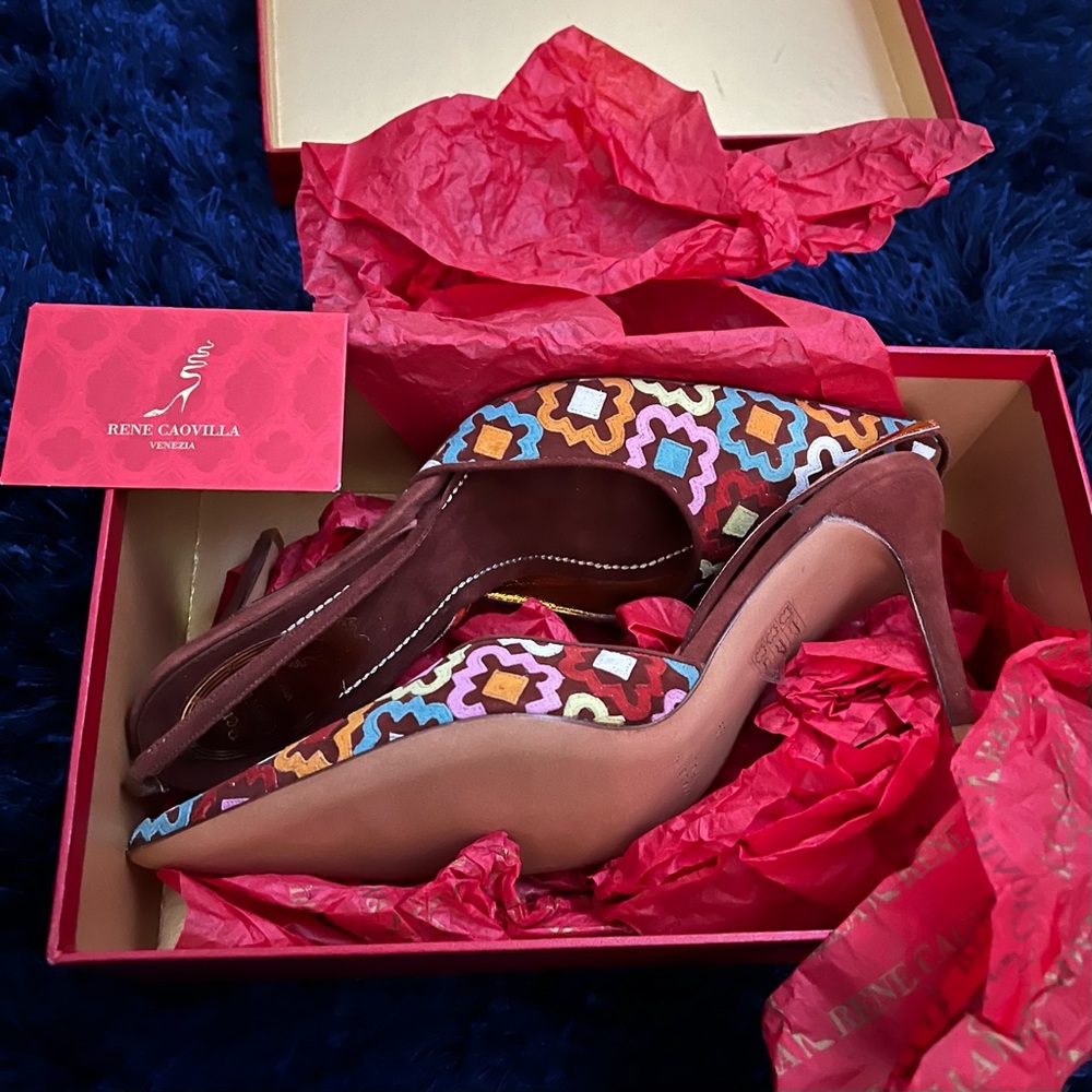 Rene Caovilla Multicolor Geometric Embroidered Slingback Heels - Picture 4 of 9